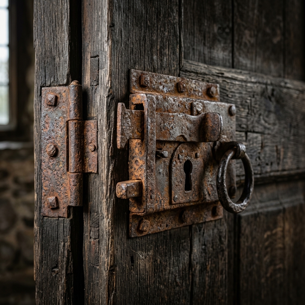 Cerradura antigua oxidada en una puerta de madera