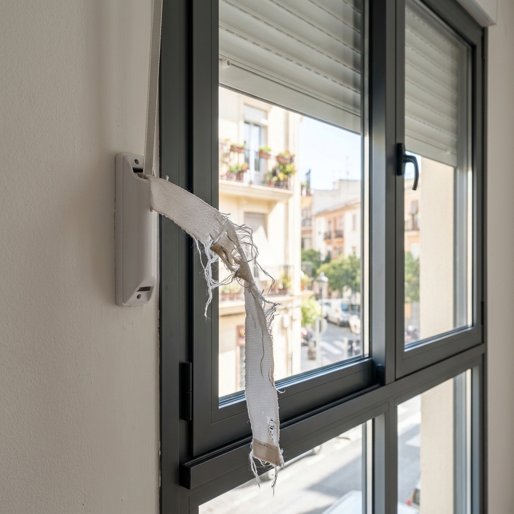 Cinta de persiana rota junto a la ventana